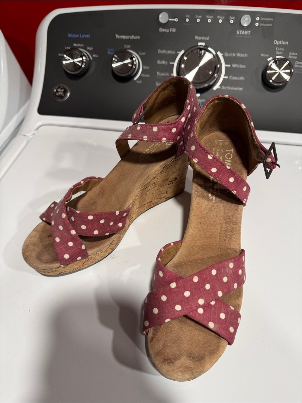 TOMS Pink Polka Dot Cork Wedge Sandals with Ankle Strap